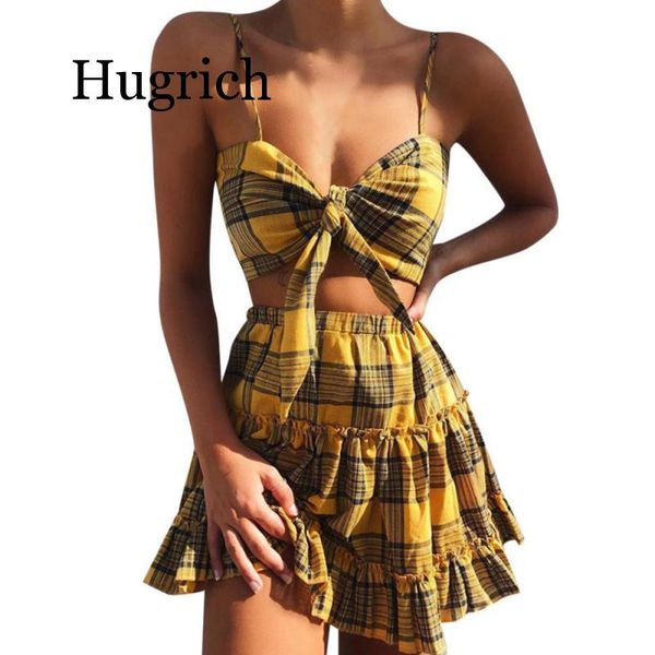

women's set summer yellow plaid 2 piece set bow crop pleated ruffles elastic waist skirt 2 piece beach woman, Gray