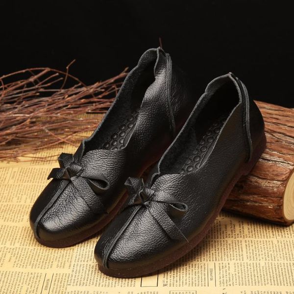 

women's genuine leather ballet flats butterfly-knot slip on ladies loafers flats for women casual shallow shoes dancing footwear, Black