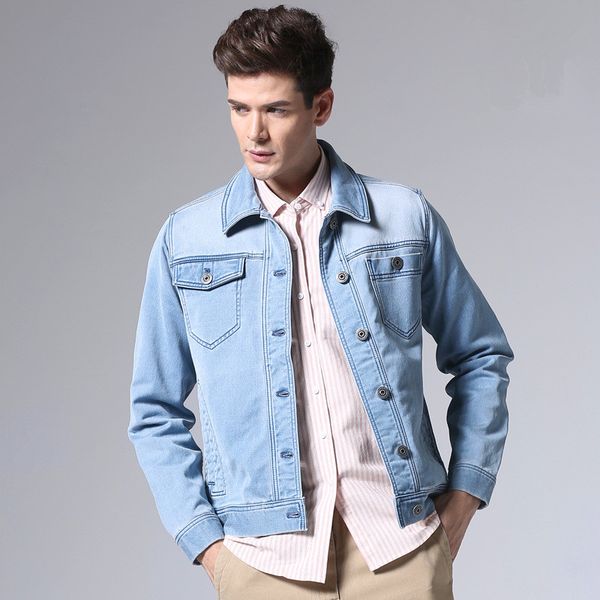 

2020 light blue turn down collar single breasted pockets jean for men stretch denim casual jacket male, Black;brown