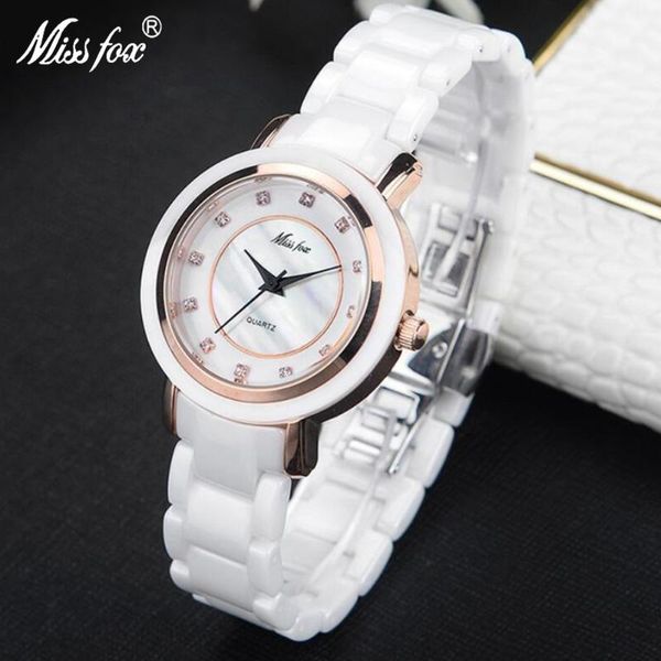 

missfox women white ceramic watch fashion ceramic steel butterfly clasp waterproof resistant ladies fashion wristwatches t001, Slivery;brown