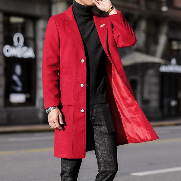 Long Trench Coat Mens Vermelho Steampunk Cinzento Casacos de Lã Mens Moda Casacos de Inverno para Elegante Long Jackets Coreano