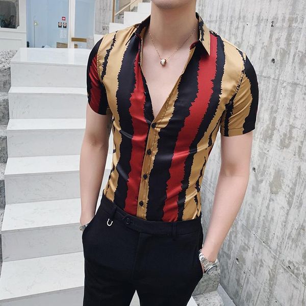 

shirt new slim fit shirt men short sleeve streetwear colorful stripe printed mens dress shirts fashion men summer, White;black