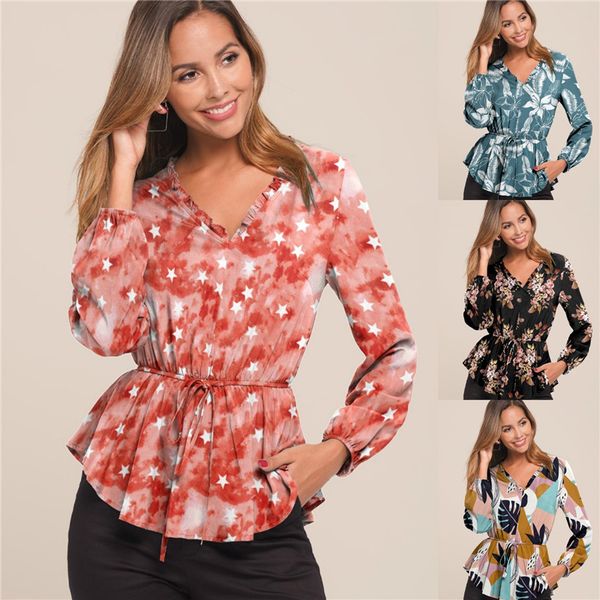 

autumn womens deisnger blouses slim flora printed v neck long sleeve shirt casual ol style female clothing, White