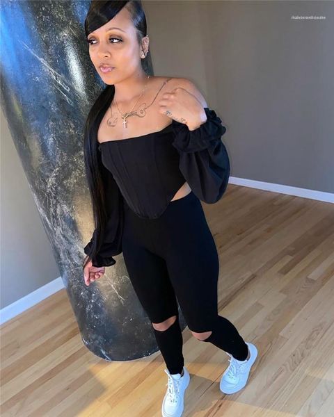 

two piece sets soild color slash neck womens clothing women designer two piece pants puff hollow out, White