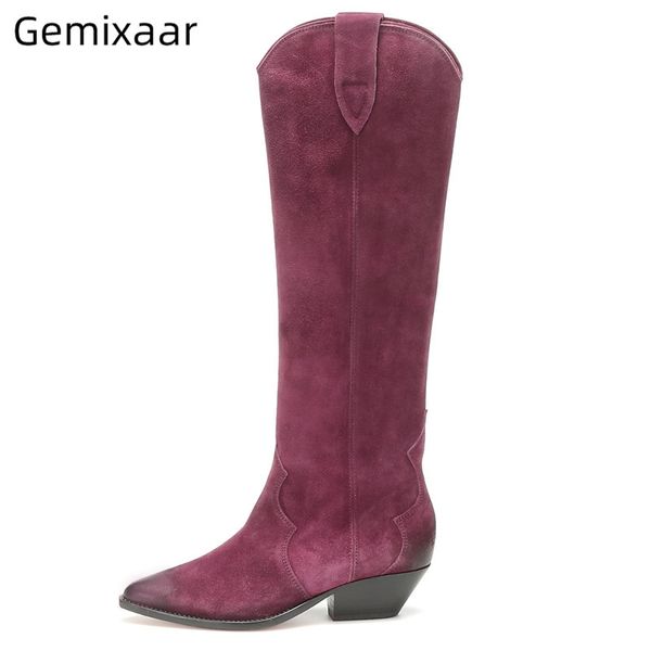 

claret knight boots women solid suede slim slip on mid-calf bottes point toe med heel 2020 autumn new coming casual boots woman, Black
