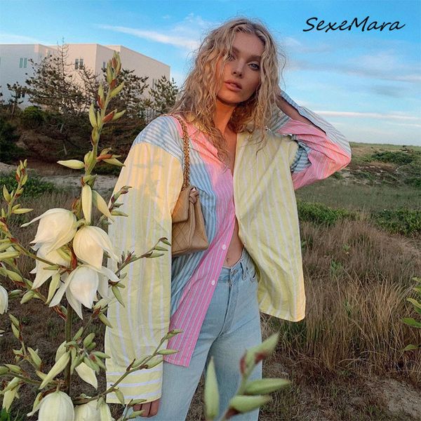 

new fashion 2020 women shirts autumn streetwear striped patchwork long sleeves loose shirts, White