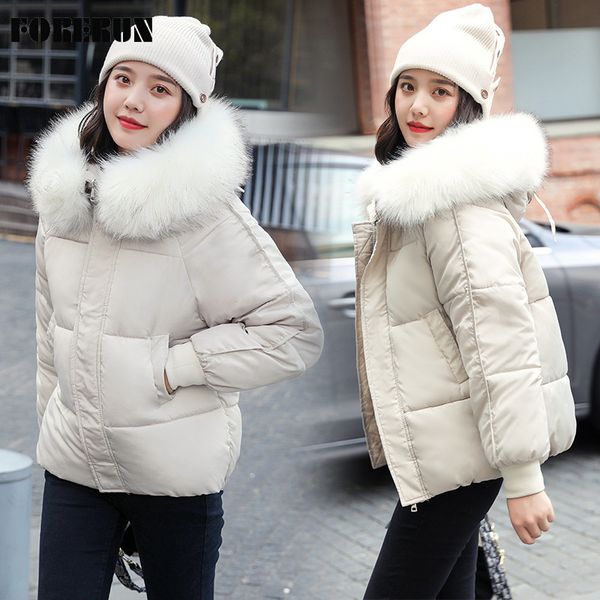 

forerun winter jacket women solid faux fur hooded bubble coat oversized cotton padded warm fashion outwear invierno mujer 2020, Black