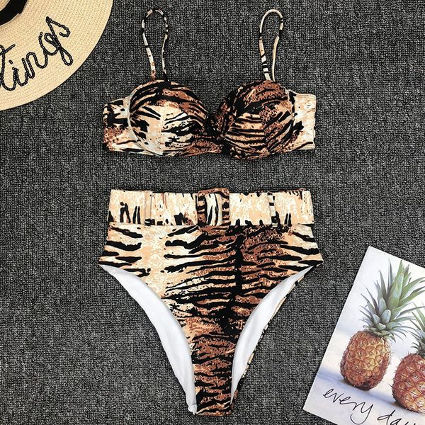 

new 2020 leopard print bra cup push up bikini high waist swimsuit women swimwear female belt bikini set bandeau bathing suit