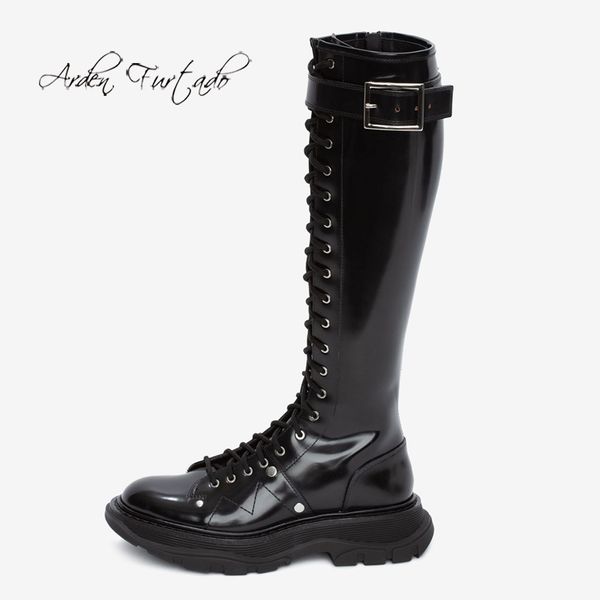 

arden furtado fashion women's shoes winter cross tied round toe classics knee high boots leather red white flat platform boots, Black