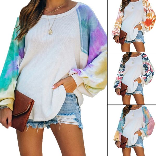 

lantern sleeve o neck tie dye colorful sleeve loose women autumn winter oversize sweatshirt hoodies pullover streetwear, Black