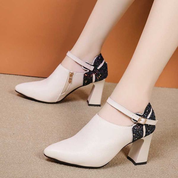 

rimocy women new colorful rhinestones pointed toe pumps pu leather buckle square heels shoes side zipper banquet shoes female, Black