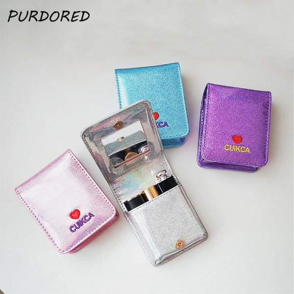 

purdored 1 пк женщины лазерная помада сумка сияющий bling мини косметическая сумка для губной помады с зеркалом женский макияж дело красоты