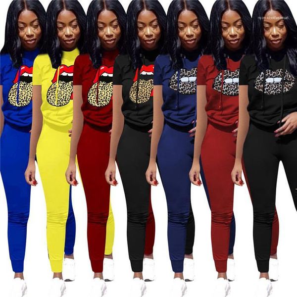 

set sportwear clothing casual womens tracksuits lips printing ladies short sleeve t shirts long pants womens 2pcs, Gray