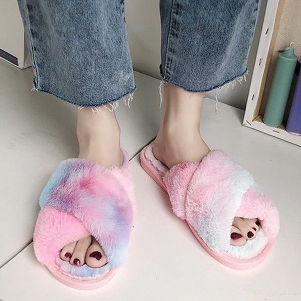 

women fluffy slipper home indoor cross-tie fur plush slippers soft flat shoes warm slippers ladies shoes fashion wholesale 2020, Black
