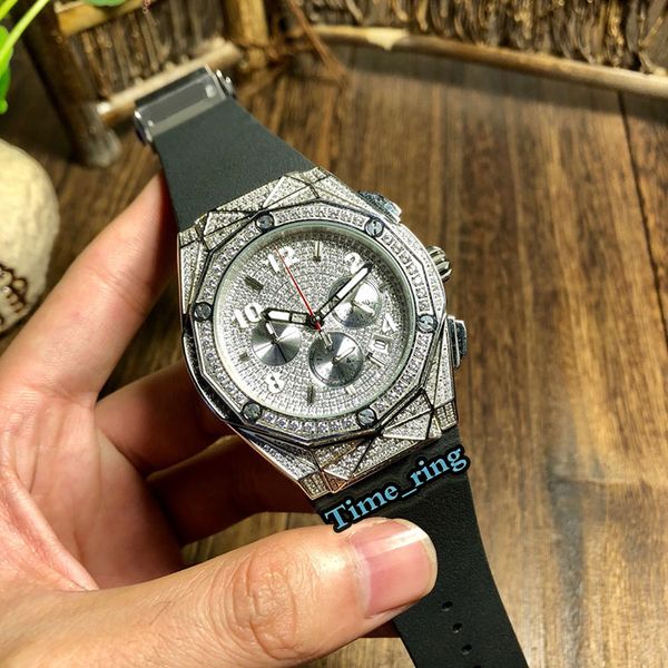 

edition 521.nx.1170.lr diamond dial silver diamond case japan vk quartz chronograph movement mens watch rubber strap designer watches, Slivery;brown