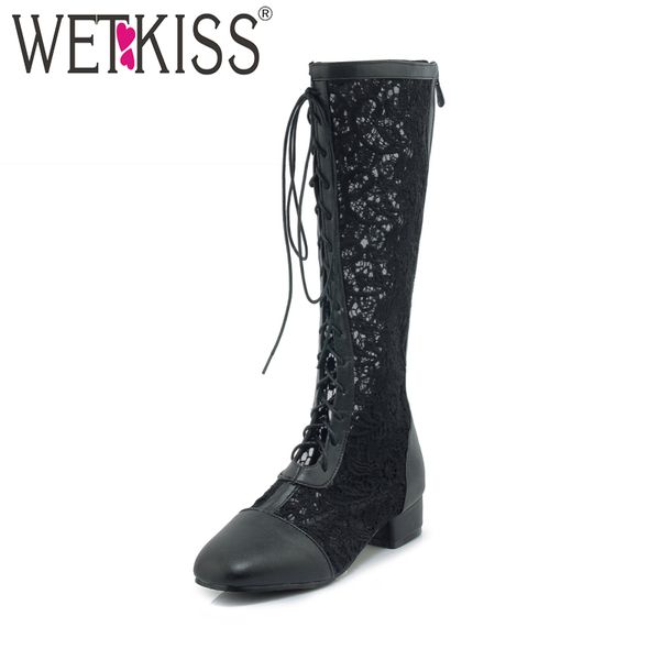 

boots wetkiss thick heel knee high summer women zipper lace footwear antumn fashion casual cross tied pu ladies shoes, Black