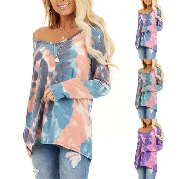 

print t-shirt womens patchwork long sleeve tie dyed o-neck loose tshirt pullover feminine plus size t-shirt camisa feminina, White