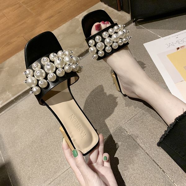 

beach shoes slippers casual slipers women low rubber flip flops string bead slides sabot luxury 2020 summer flat hawaiian rome, Black
