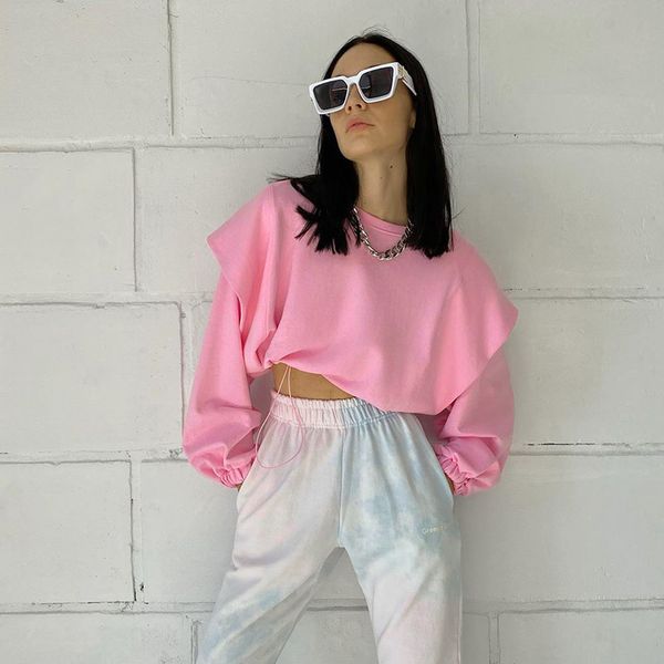 

helisopus autumn fashion stitching long-sleeved hoodies women white pink drawstring exposed navel short sweatshirt s/m, Black