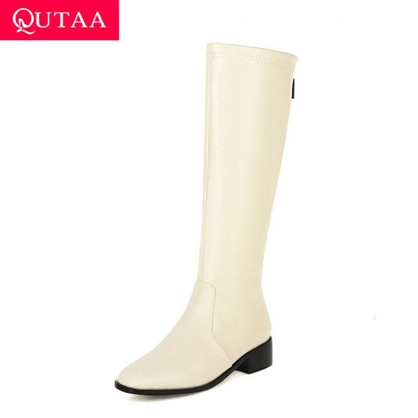 

qutaa 2021 square toe zipper knee high boots autumn winter pu leather fashion women shoes square heel long boots big size 34-43, Black