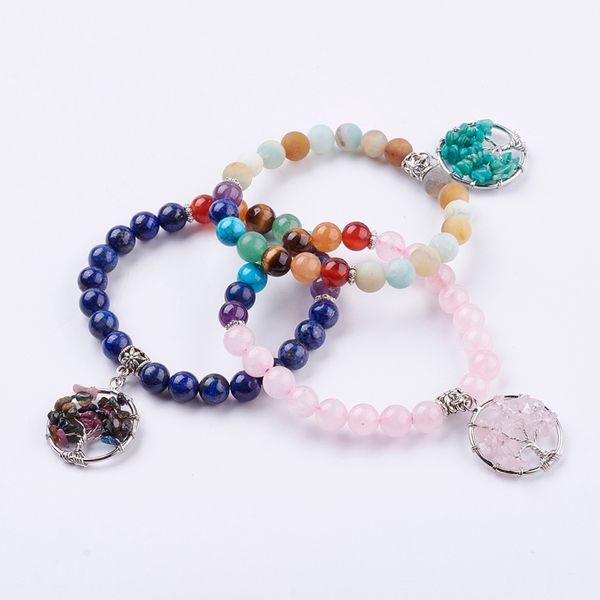 

link, chain 5pcs mixed stone stretch bracelet with tibetan style pendants tree of life 52mm bracletes jewelry for women, Black
