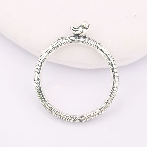 

genuine 925 sterling silver tree texture spring bird ring compatible with european jewelry, Golden;silver