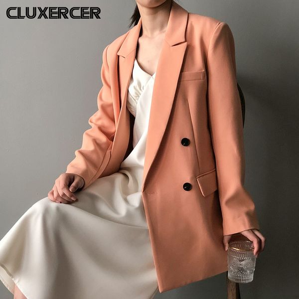 

2020 new spring autumn women long blazer jackets elegant double breasted long sleeve office suit coat casacos masculino, White;black