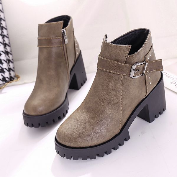 

autumn winter retro warm martin boots female hoof heels shoes women boots ladies zip non-slip rivet short plush platform booties, Black