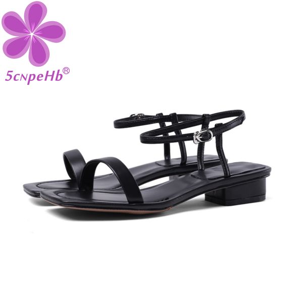 

genuine leather sandals low heel square head fashion lightweight breathable casual women beach shoes buckle open toe roman tide, Black