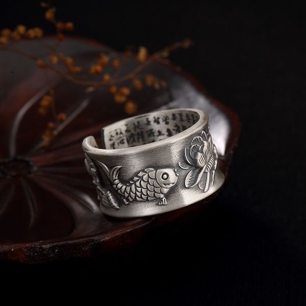 

s999 pure silver fish lotus heart sutra silver adjustable mens womens ring band open size, Slivery;golden