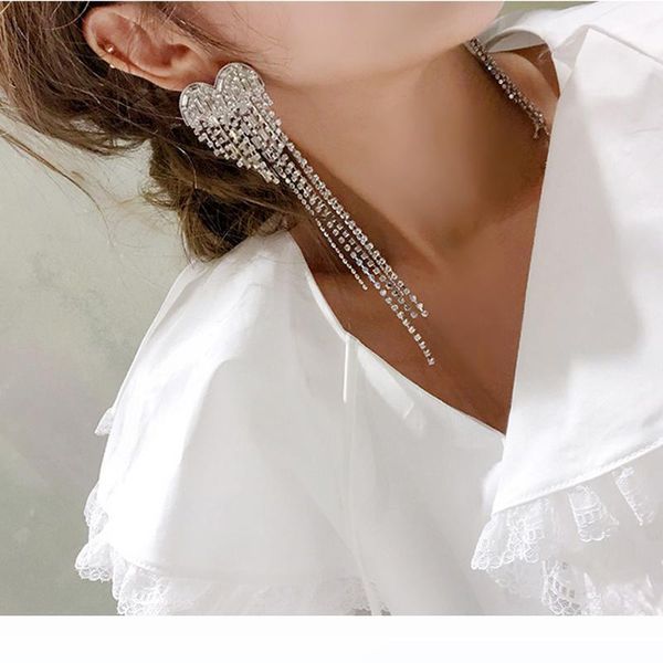 

woman personality fashion heart jewelry crystal tassel retro long earrings chain metal texture earrings wholesale dangle earrings, Silver