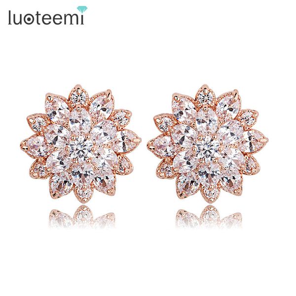

luoteemi rose pink gold-color luxury excellent cut clear cubic zirconia flower stud earrings women valentine's day gift jewelry, Golden;silver