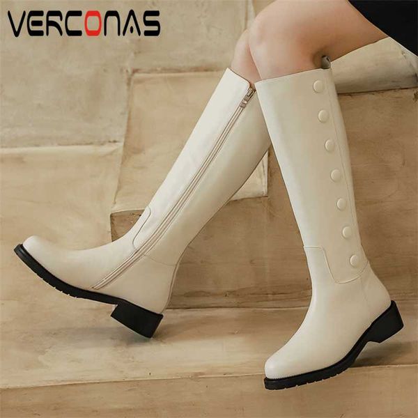 

verconas women knee-high boots 2020 autumn winter fashion new button shoes woman side zipper genuine leather long boots, Black