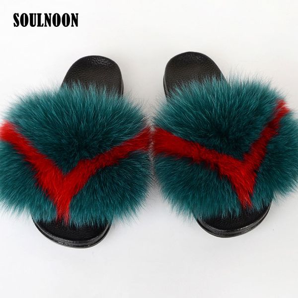 

women's real fur fluffy slippers mixcolor fur slippers fuzzy home slides female fashion furry flip flops summer beach shoes, Black