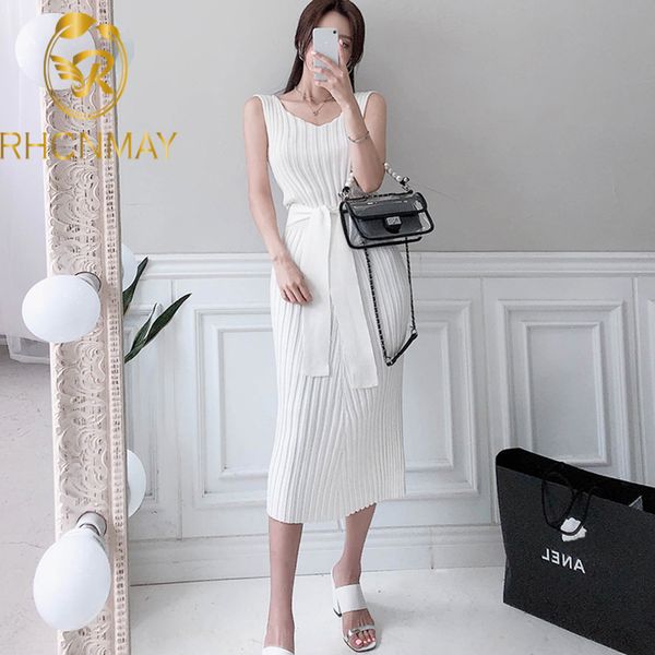 

new elegant slim 2020 summer sleeveless v-neck knitted sashes vestidos mid-calf bodycon white vest sweater dress, Black;gray
