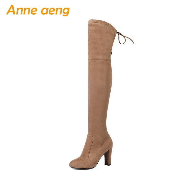 

boots 2021 spring/autumn ladies elastic flock shoes high square heel women over the knee black motorcycle size 34-43