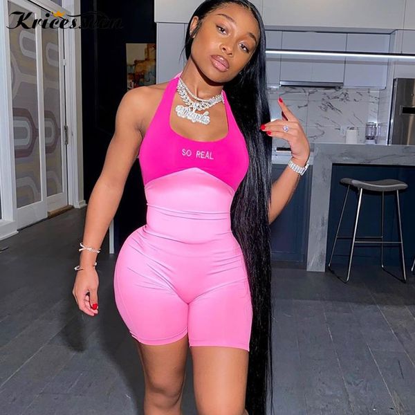 

kricesseen halter neck skinny biker short jumpsuit women summer sleeveless one piece romper overalls club outfits, Black;white