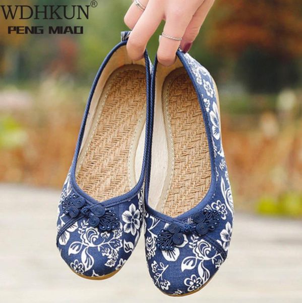 

женщины vintage flats осень женского холст этническое китайский узел скольжение на бездельник casual комфорт обувь женской вышитая, Black