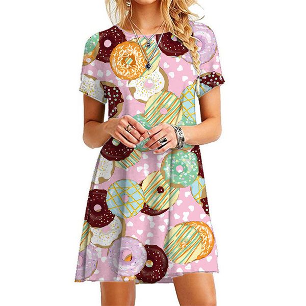 

irregular pattern donuts womens dresses summer o-neck short sleeve above knee 7 styles women designer casual dress, Black;gray