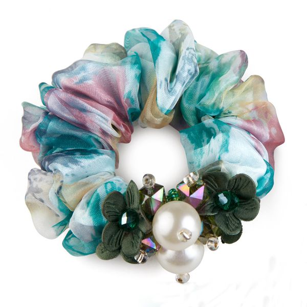 

women lady satin ribbon cloth flower crystal pearls lace hairband decor rope elastic holder hair bands accessories, Golden;silver