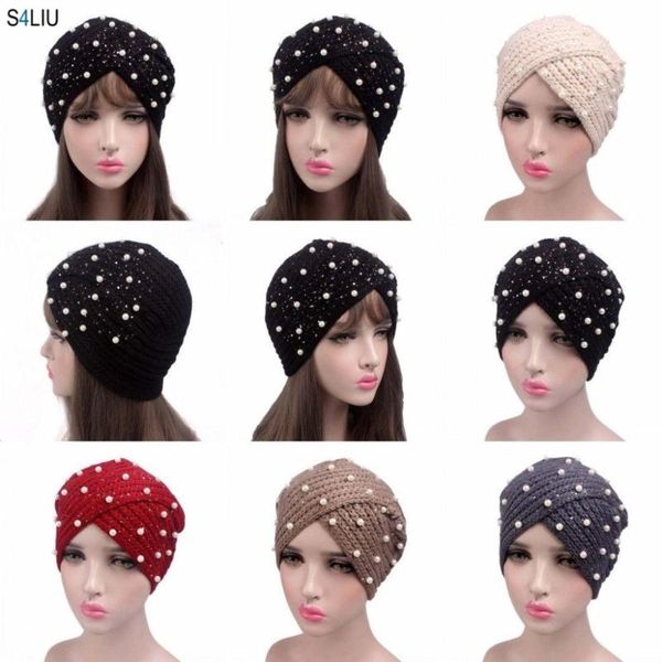 

women knitted crochet wool turban hat pearl pleated muslim hat chemo cap headscarf hats headwrap winter warm hair loss fashion, Blue;gray