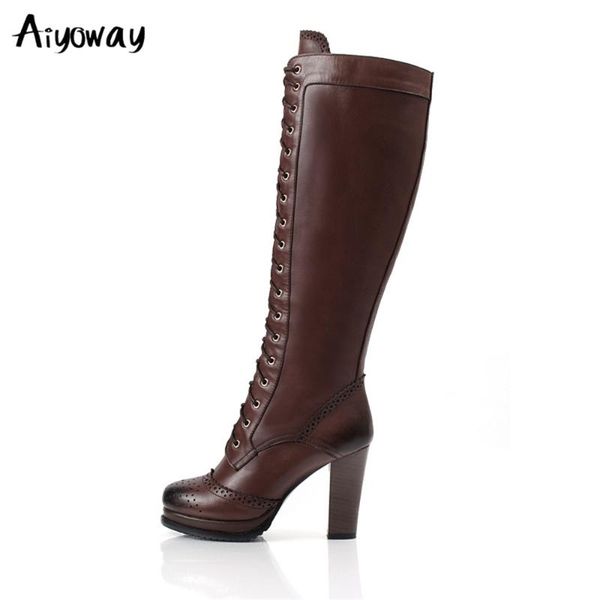

aiyoway autumn winter knee high boots women fashion square heel woman front lace-up platform shoes large size 43, Black