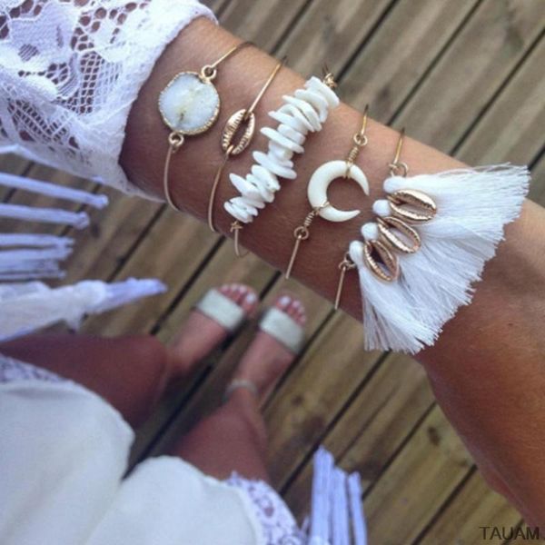 

5 pcs/set bohemian bracelets personality gem moon shell tassel irregular natural stone gold bracelet set 2020, Golden;silver