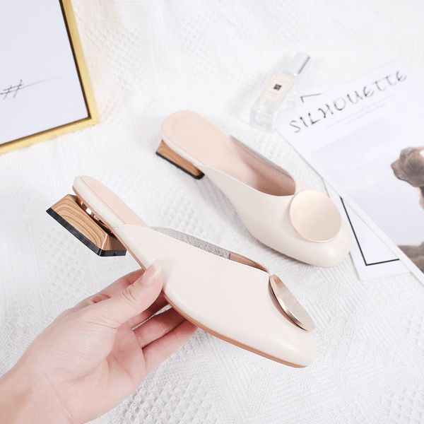 

2020 square toe mules women metal decoration low heels slippers casual slip on wood heel slides shallow loafers big size 34-41, Black