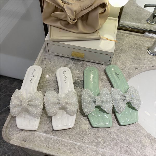 

2020 summer new style korean-style shiny man-made diamond bow comfortable flower slipper square head flat sandals women's, Black