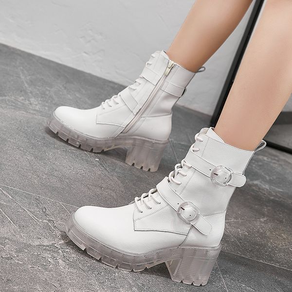 

fashionable black leather women's boots round head thick heels transparent bottom short boots new high-lace-up women's shoes