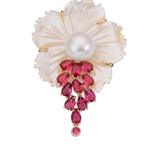 

obn luxury freshwater natural shell flowers brooch pin vintage pearl dressing party lady brooches with pink cz p, Gray