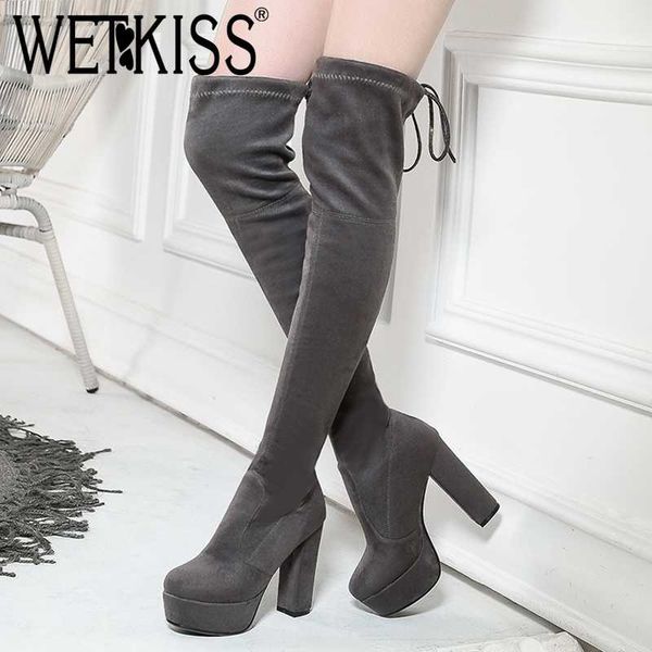 

wetkiss big size 34-43 flock thigh high boot thick high heels winter platform stretch shoes lady women over knee boot, Black