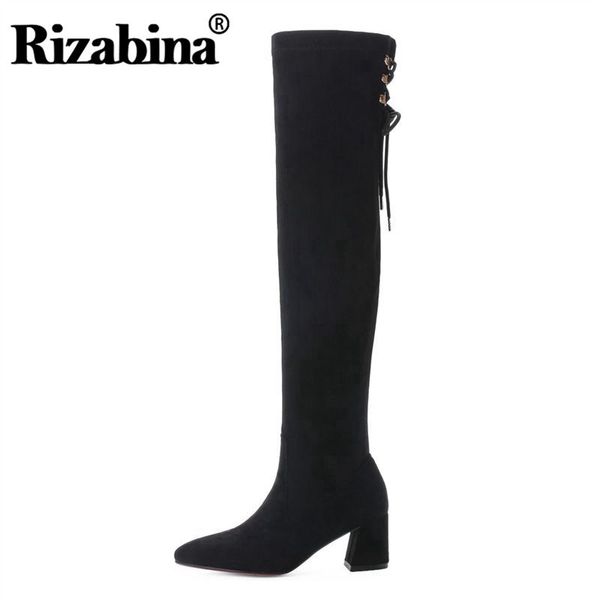 

rizabina коренастый пятки женщин над коленом boots острым носом поддельный замша крест связали черный осень зима размер 34-43, Black