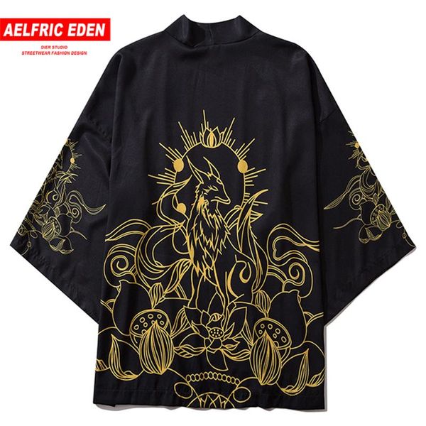 

aelfric eden fairy print japanese kimono shirts coats 2020 hip hop mens japanese kimono jackets streetwear open front jacket, Black;brown
